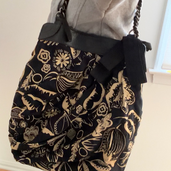 Lucky Penny by Anthropologie Black Cream Canvas Leather Trim Hobo Shoulder Bag - Picture 4 of 9